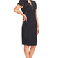 Notch Dress -  Short Sleeve Notch Neck Black Midi Dress with Satin