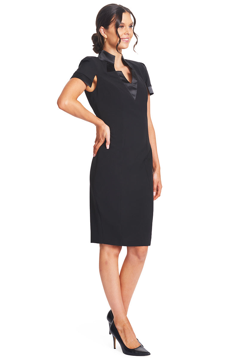 Notch Dress -  Short Sleeve Notch Neck Black Midi Dress with Satin