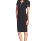 Notch Dress -  Short Sleeve Notch Neck Black Midi Dress with Satin