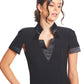 Notch Dress -  Short Sleeve Notch Neck Black Midi Dress with Satin