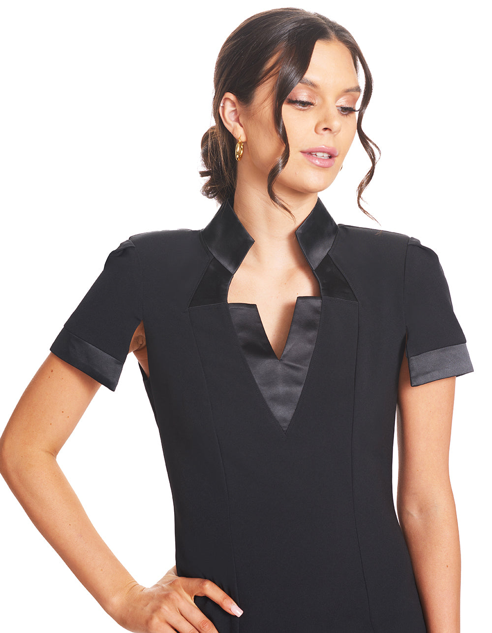 Notch Dress -  Short Sleeve Notch Neck Black Midi Dress with Satin