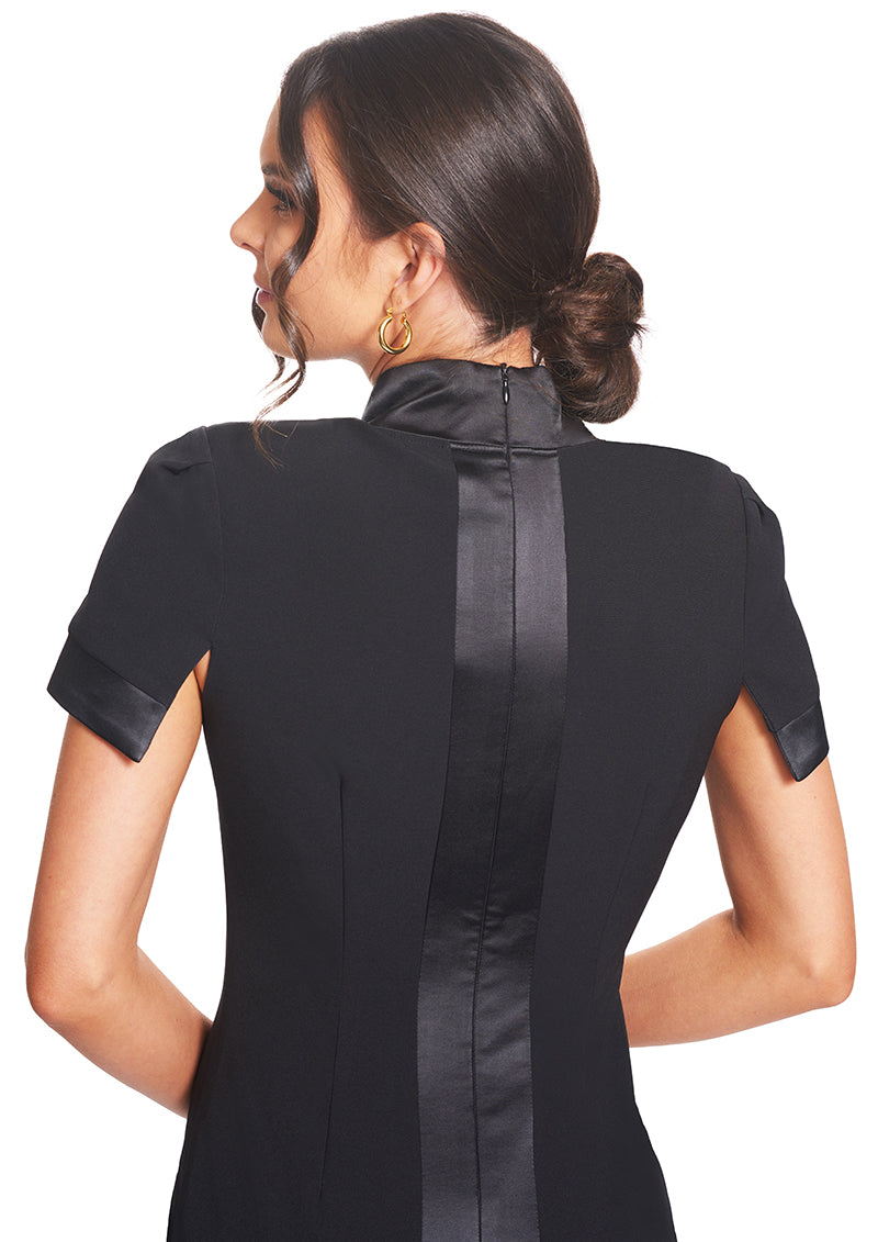 Notch Dress -  Short Sleeve Notch Neck Black Midi Dress with Satin