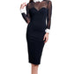 Tuxedo Illusion Sheath Dress - Long Sleeve Midi Dress, Black & White