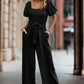 Square Neck Puff Sleeve Belted Fit Jumpsuit