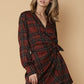Plaid-polkadot Mini Wrap Dress in Brick