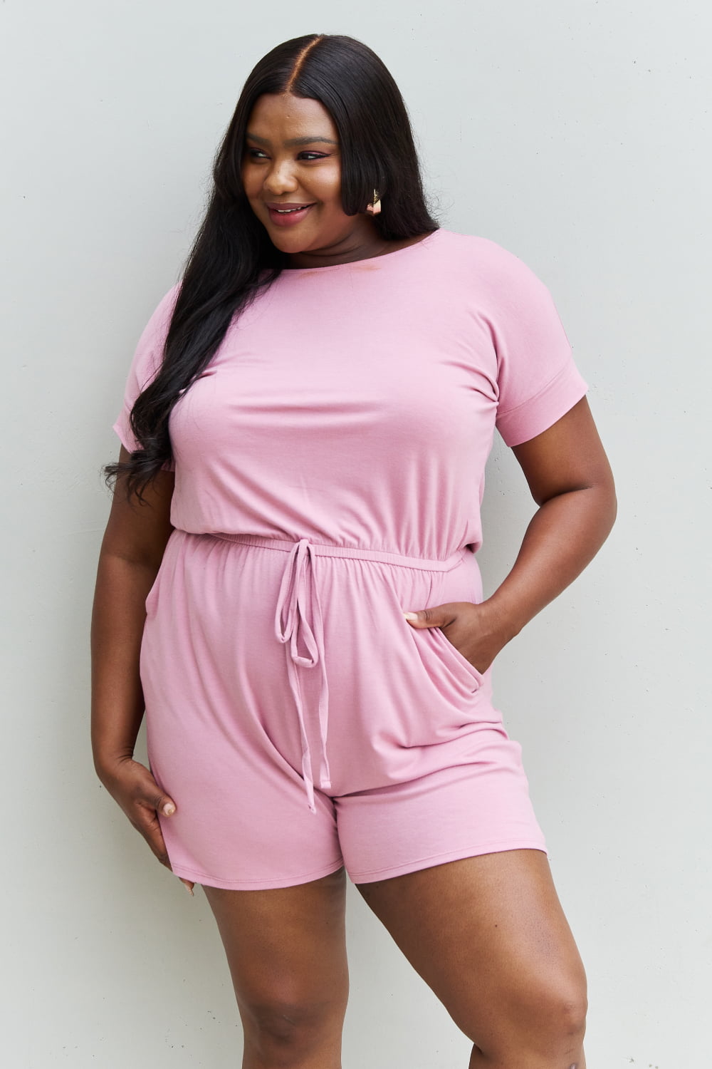 Zenana Chilled Out Full Size Short Sleeve Romper in Light Carnation
