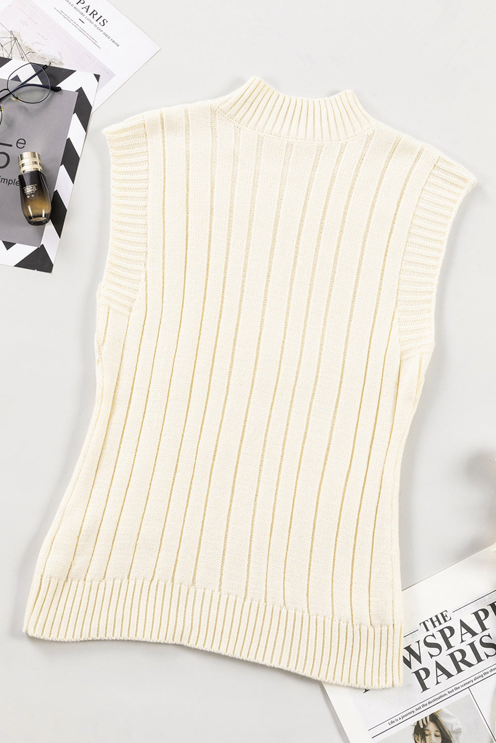 Oatmeal Cable Knit High Neck Sweater Vest Top