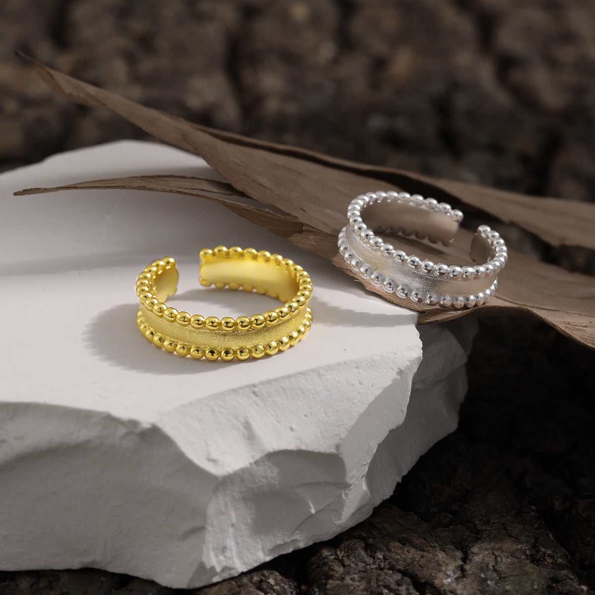 Casual Irrgular Beads Borders Wide 925 Sterling Silver Adjustable Ring