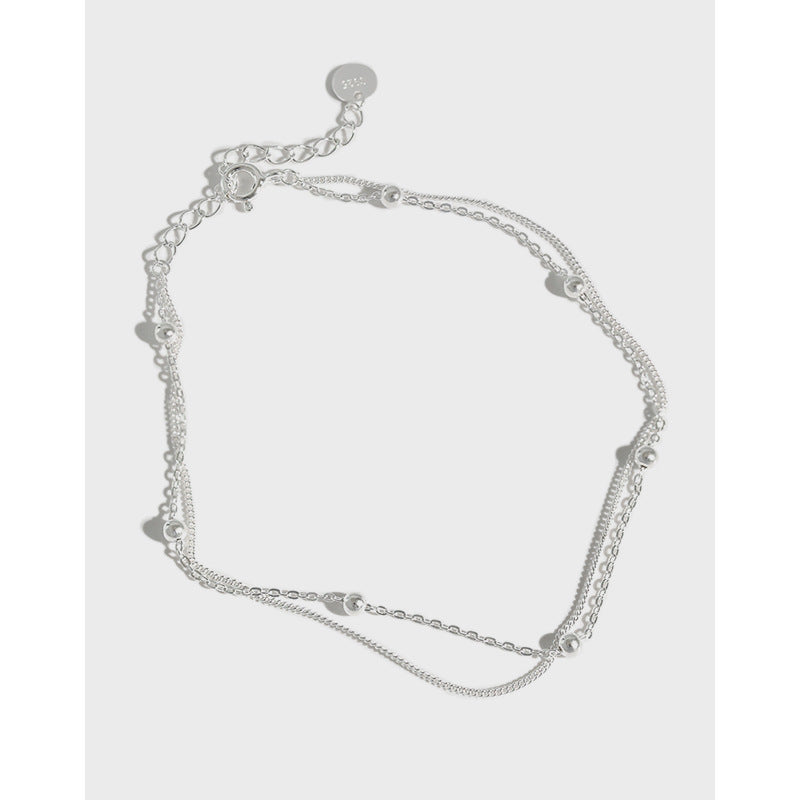 silver jewelry temperament, simple and versatile, with double layered bead chain S925 pure silver ankle chain decoration