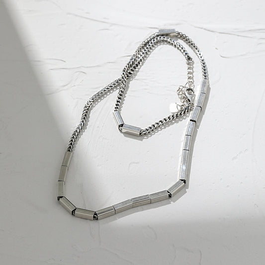 niche design minimalist and versatile heavy industry rectangular tube texture S925 pure silver necklace collarbone chain for women