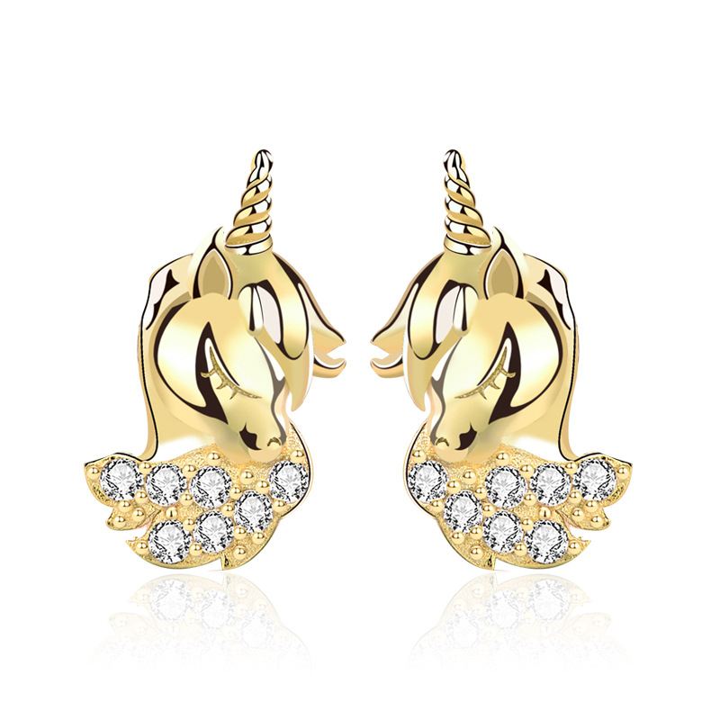 Cute Animal CZ Unicorn 925 Sterling Silver Stud Earrings