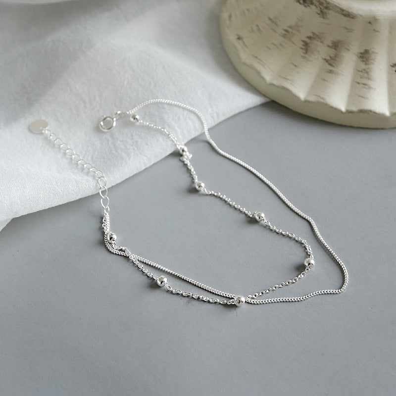 silver jewelry temperament, simple and versatile, with double layered bead chain S925 pure silver ankle chain decoration