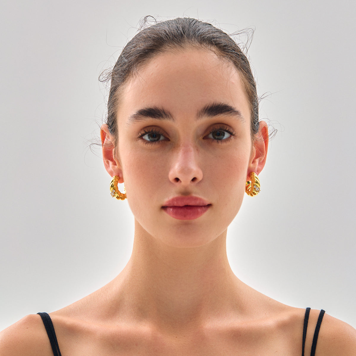 Fine Jewelry For Women Daily Wear Electroforming Elegant Lightweight 999 Pure Silver Irregular Three CZ Geometric U-shape Hoop Earrings