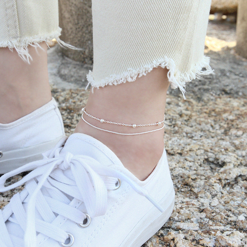 silver jewelry temperament, simple and versatile, with double layered bead chain S925 pure silver ankle chain decoration