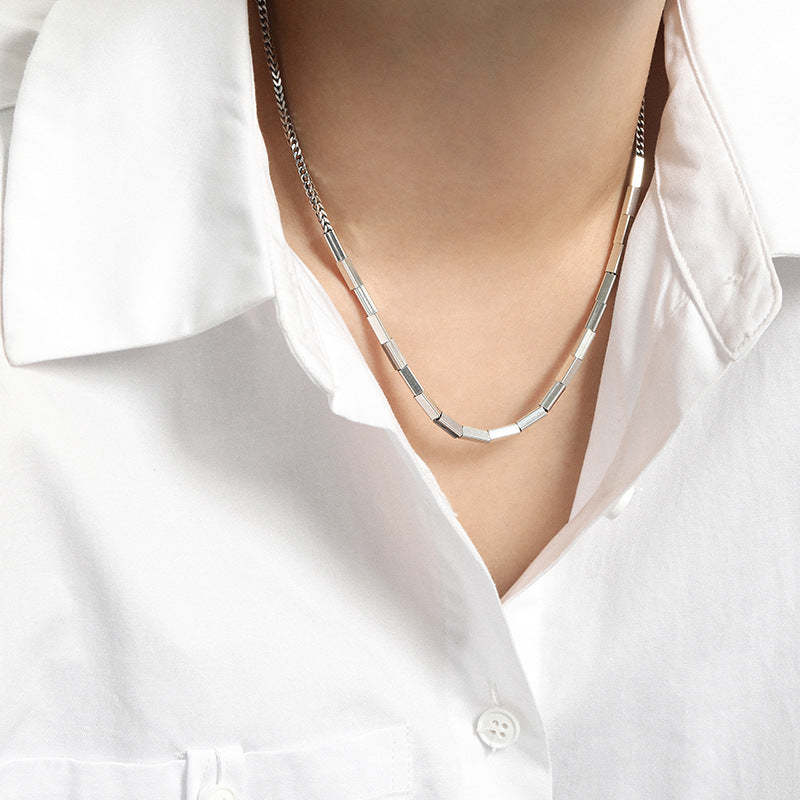 niche design minimalist and versatile heavy industry rectangular tube texture S925 pure silver necklace collarbone chain for women