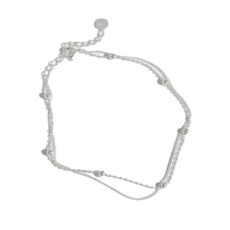 silver jewelry temperament, simple and versatile, with double layered bead chain S925 pure silver ankle chain decoration