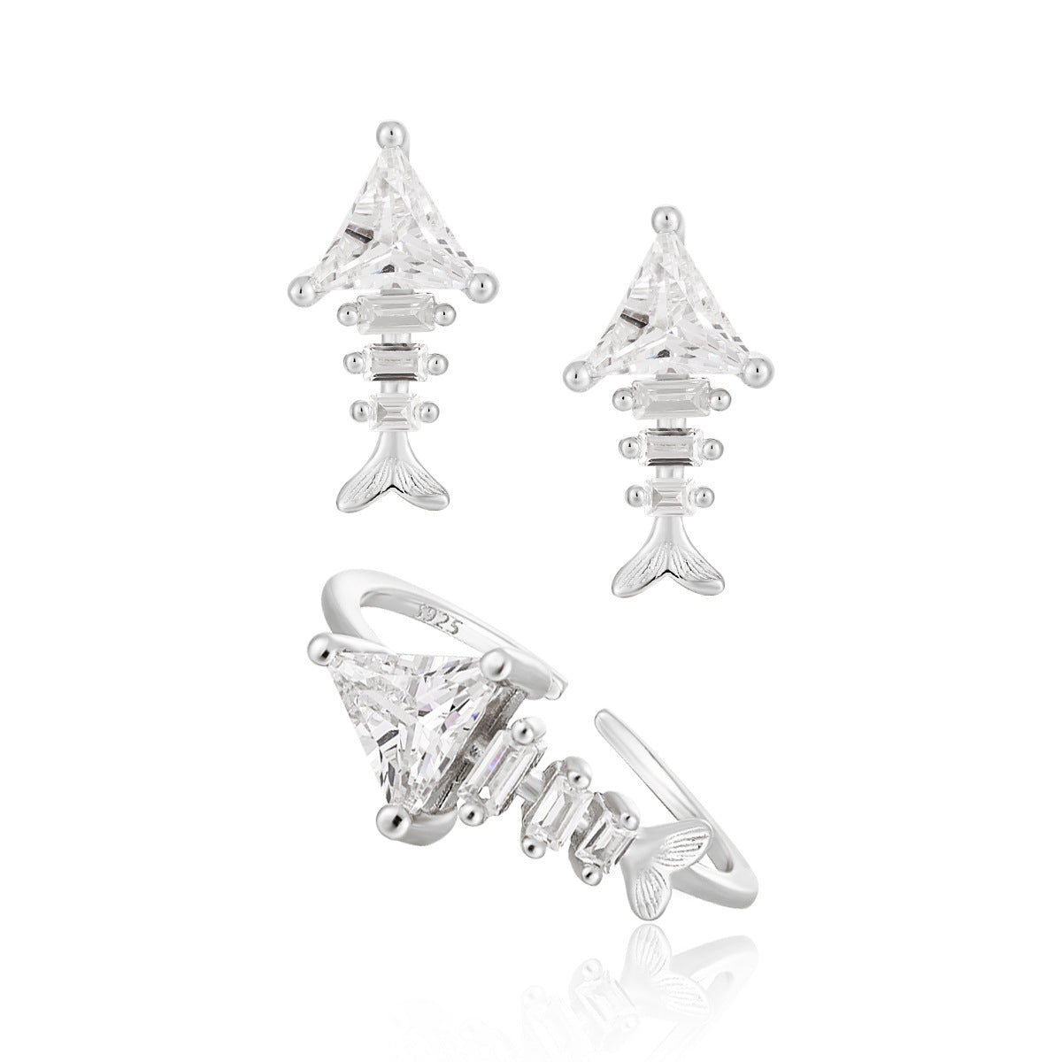 Fashion Irregular CZ Fishbone 925 Sterling Silver Adjustable Ring Stud Earrings