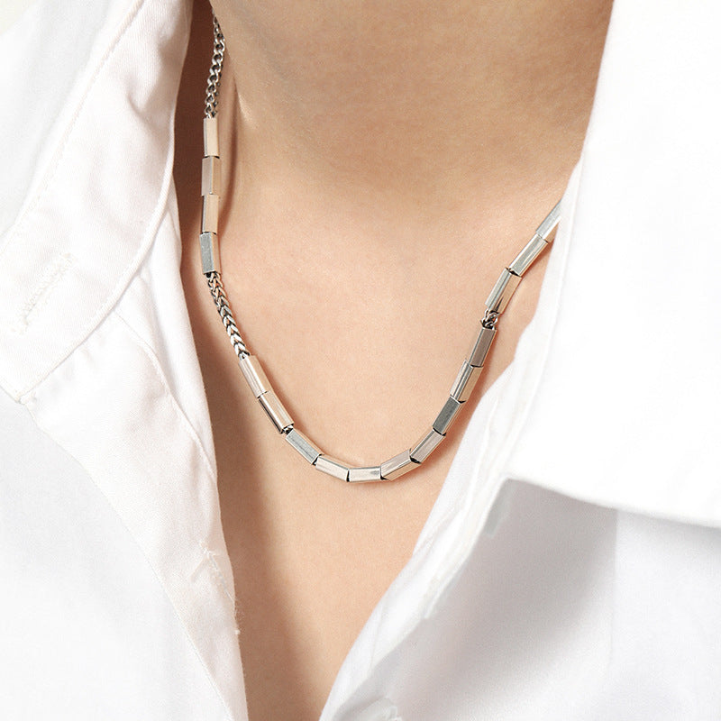 niche design minimalist and versatile heavy industry rectangular tube texture S925 pure silver necklace collarbone chain for women