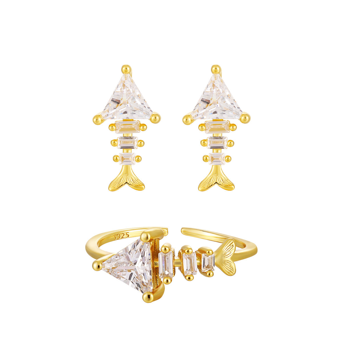 Fashion Irregular CZ Fishbone 925 Sterling Silver Adjustable Ring Stud Earrings