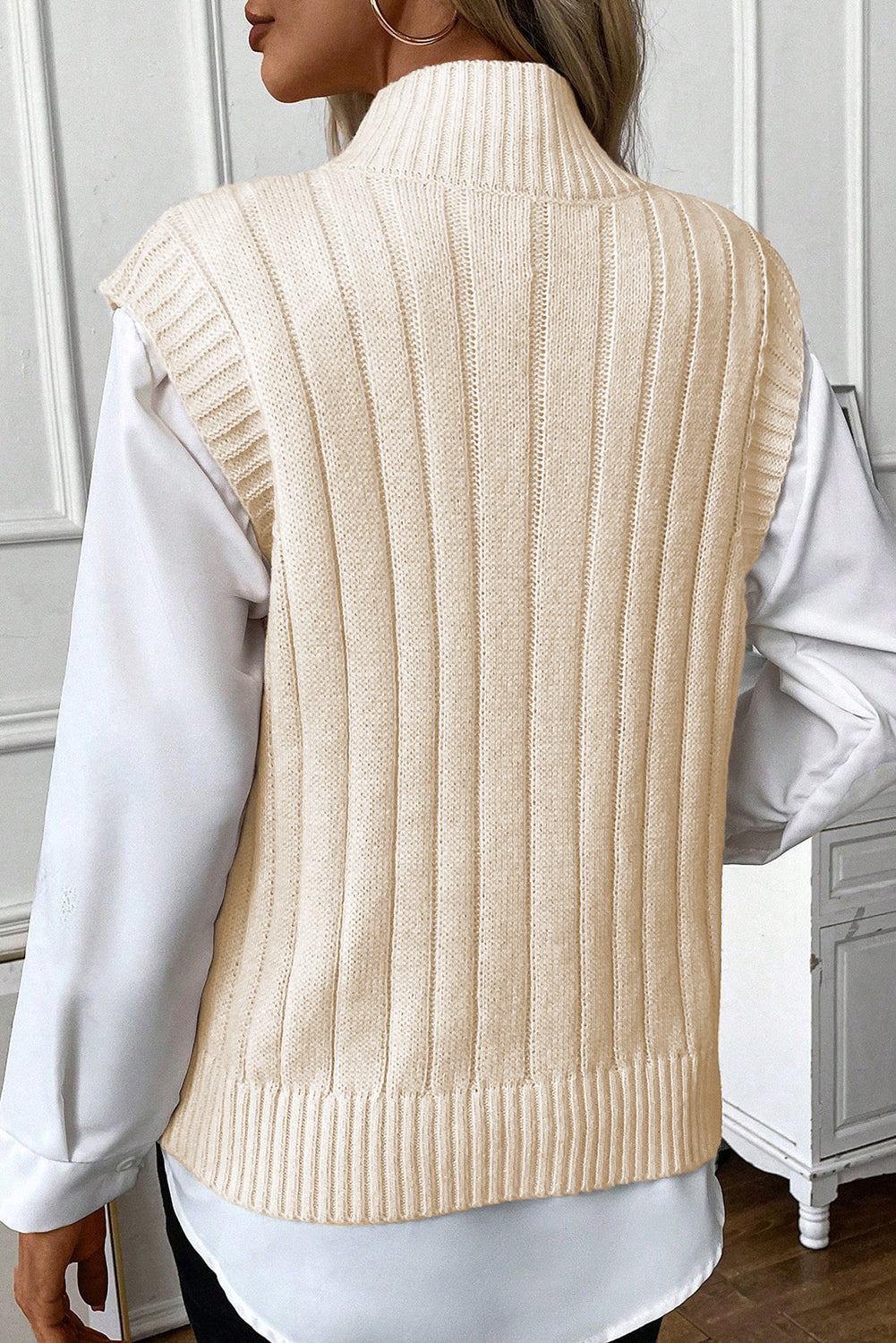 Oatmeal Cable Knit High Neck Sweater Vest Top