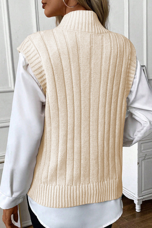 Oatmeal Cable Knit High Neck Sweater Vest Top