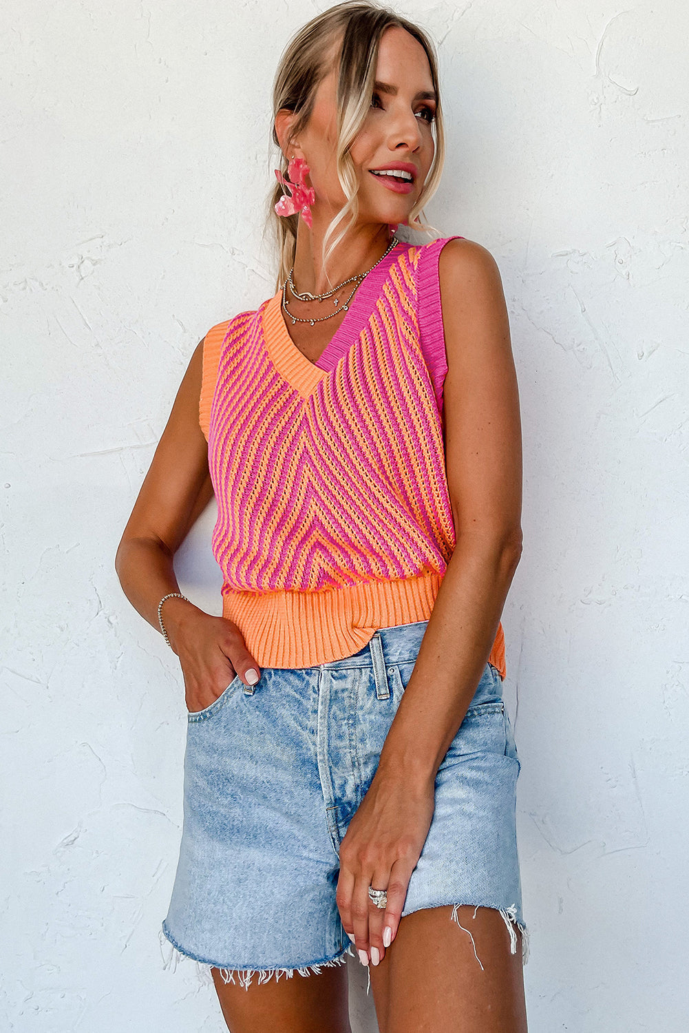 Strawberry Pink Contrast Chevron Knit V Neck Sweater Vest Top