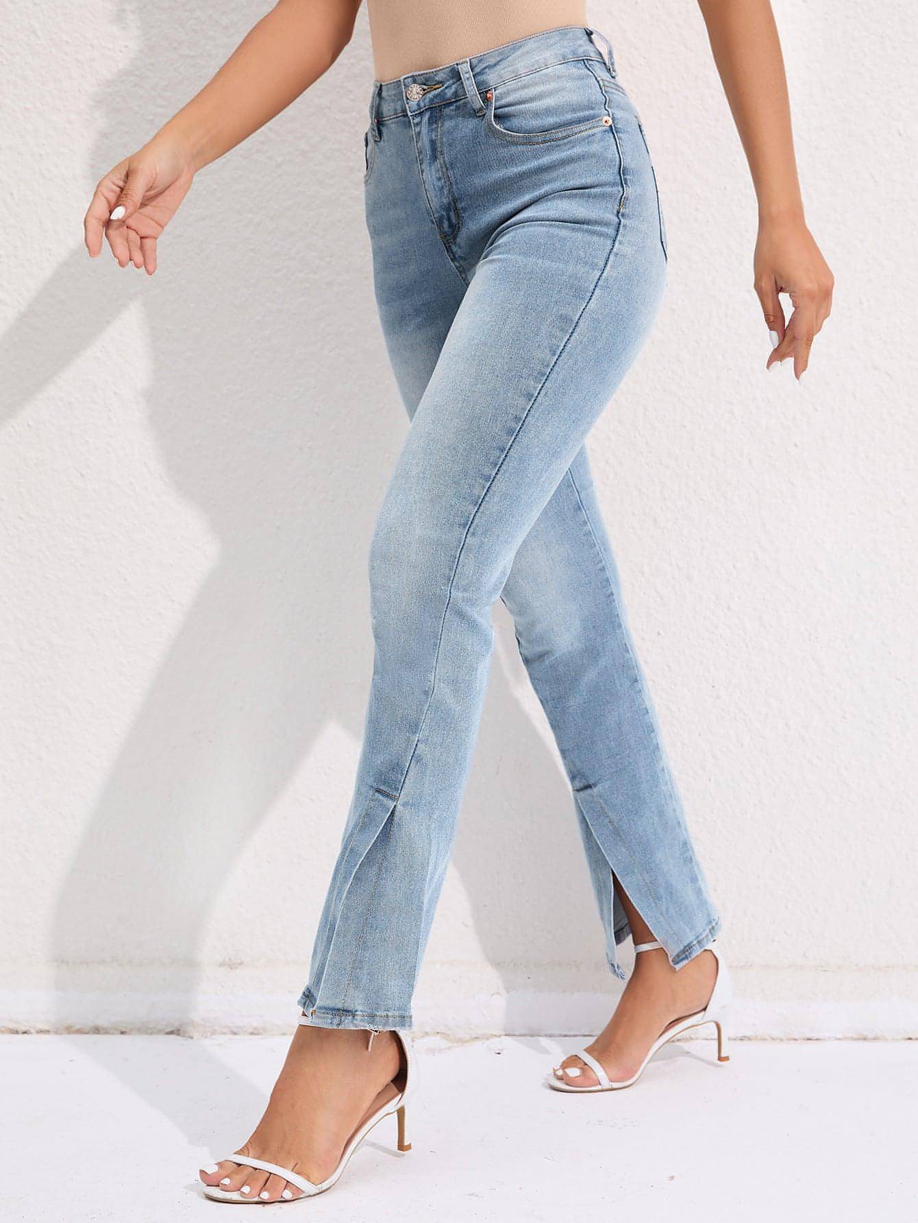 Commuter Split Straight Pants Fashionable Stretch Washed Jeans Women Bottom