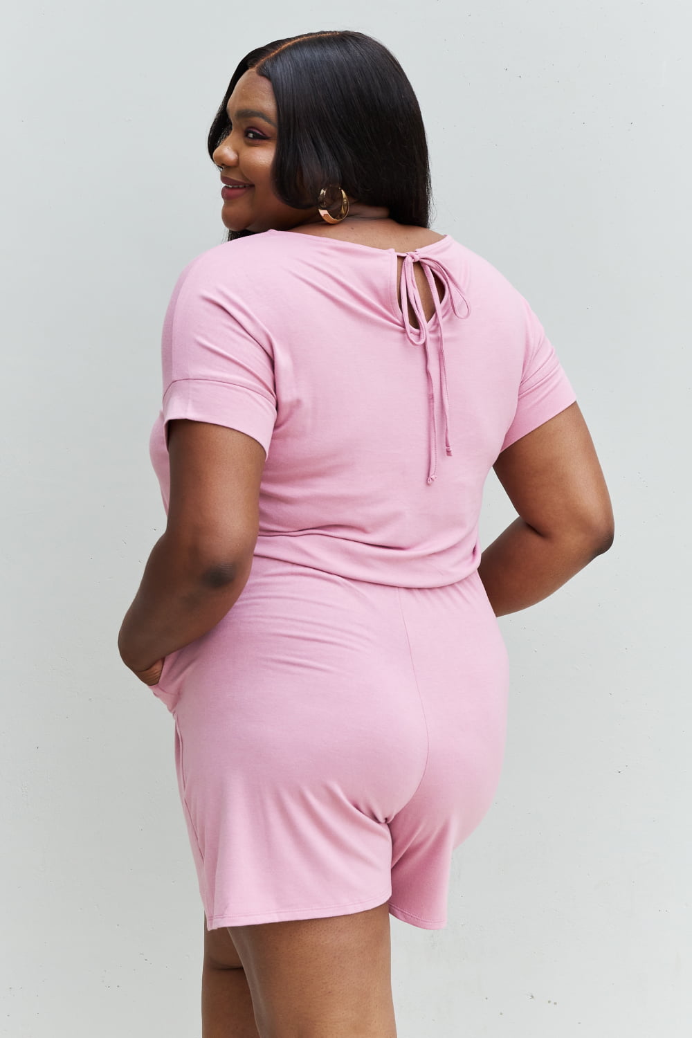 Zenana Chilled Out Full Size Short Sleeve Romper in Light Carnation