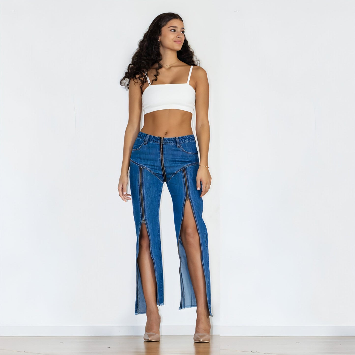 UrbanEase™ Women Bottom Zipper Jeans Women Unique Dark Blue Denim