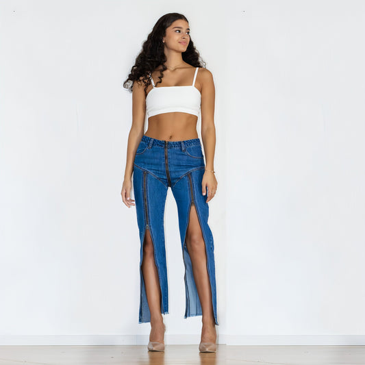 UrbanEase™ Women Bottom Zipper Jeans Women Unique Dark Blue Denim