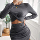 Gray Long Sleeve Cut-out Twist Ruched Bodycon Mini Dress