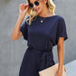 Boat Neck Short Sleeve Waist Tie Loose Romper