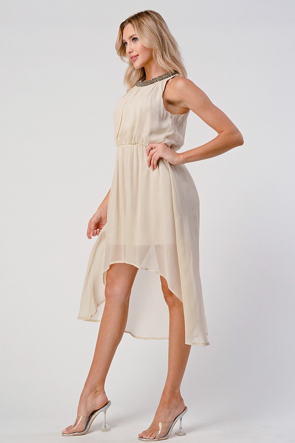Sleeveless High-Low Beaded Neckline Dress