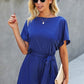 Boat Neck Short Sleeve Waist Tie Loose Romper