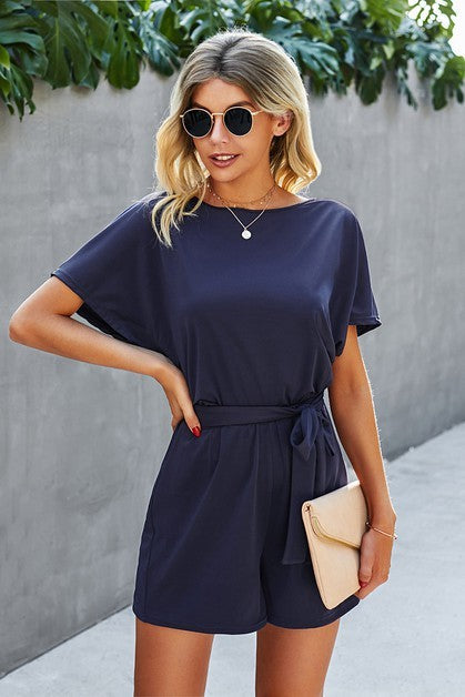 Boat Neck Short Sleeve Waist Tie Loose Romper