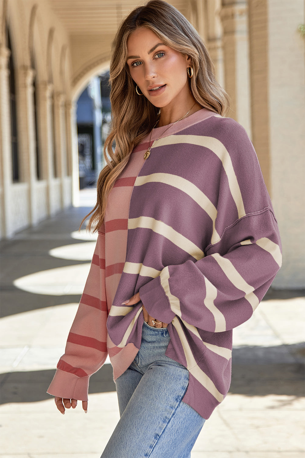 Pink Stripe Color block Oversized Sweater Top