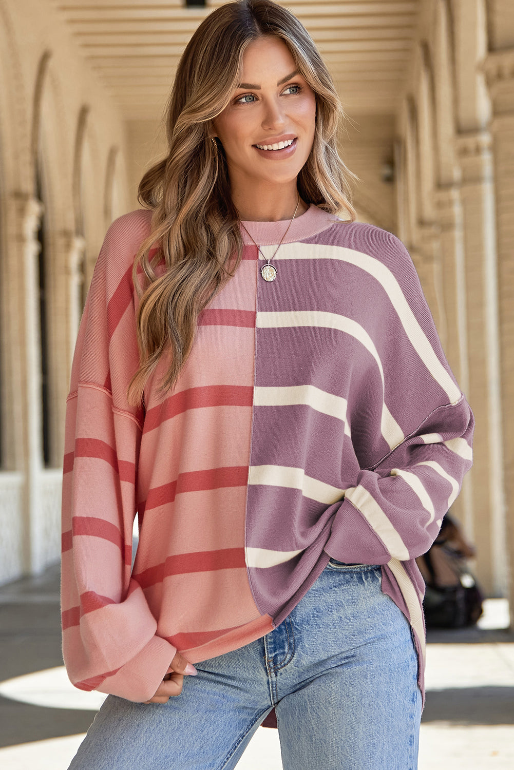 Pink Stripe Color block Oversized Sweater Top