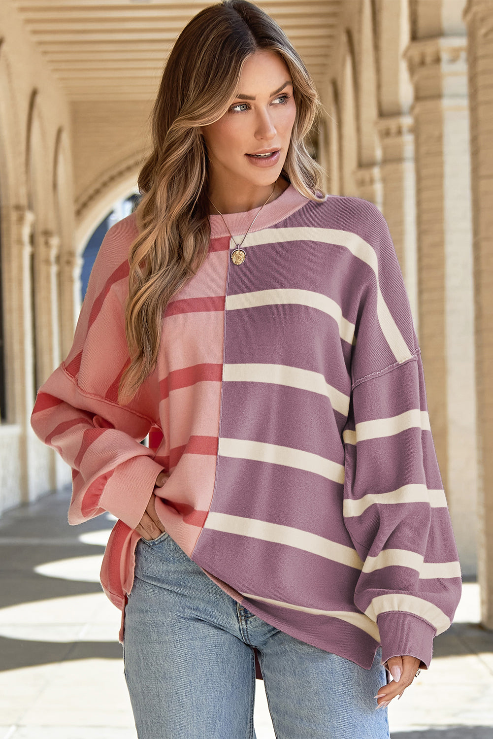 Pink Stripe Color block Oversized Sweater Top