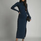 Cotton fitted maxi dress with a turtleneck, navy blue FG680