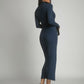 Cotton fitted maxi dress with a turtleneck, navy blue FG680