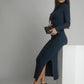 Cotton fitted maxi dress with a turtleneck, navy blue FG680