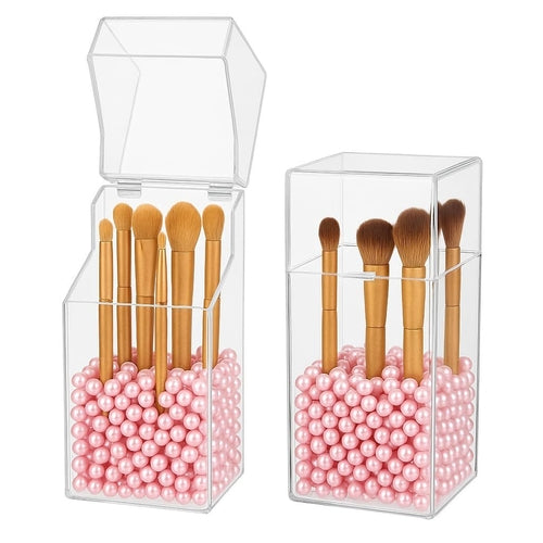Acrylic Makeup Brush Holder with Pink Pearls