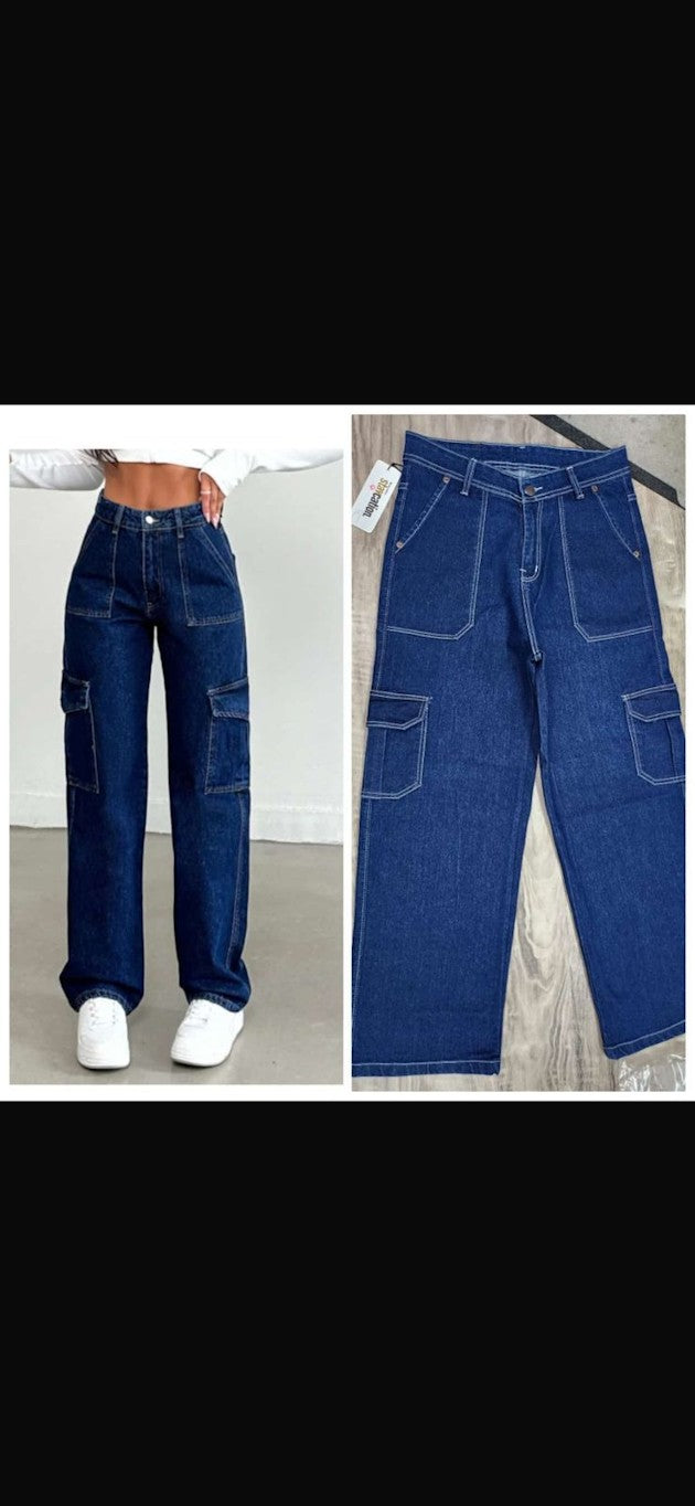 LV Trendy Blue Bottom Cargo Jeans for Women – Functional & Fashionable M