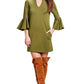 Gina Dress Olive - Bell sleeve shift dress with side slit pockets