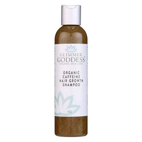 Glimmer Goddess organic caffeine hair growth shampoo bottle on a white background