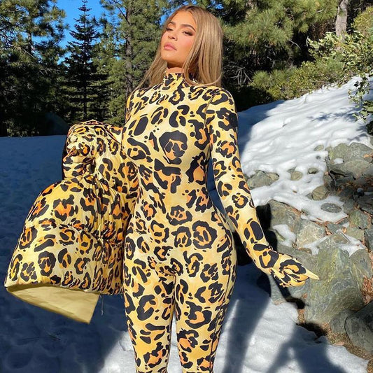 Leopard Bodycon Long Sleeve Rompers Womens Jumpsuit With Gloves