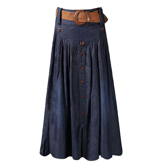 High Waist Long Skirts Women BottomMaxi Jeans Skirts With Belt Pleated Denim