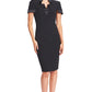 Notch Dress -  Short Sleeve Notch Neck Black Midi Dress with Satin