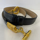 Vtg Black Leather Belt With Gold Tone Metal Hook Closure Sz S/M