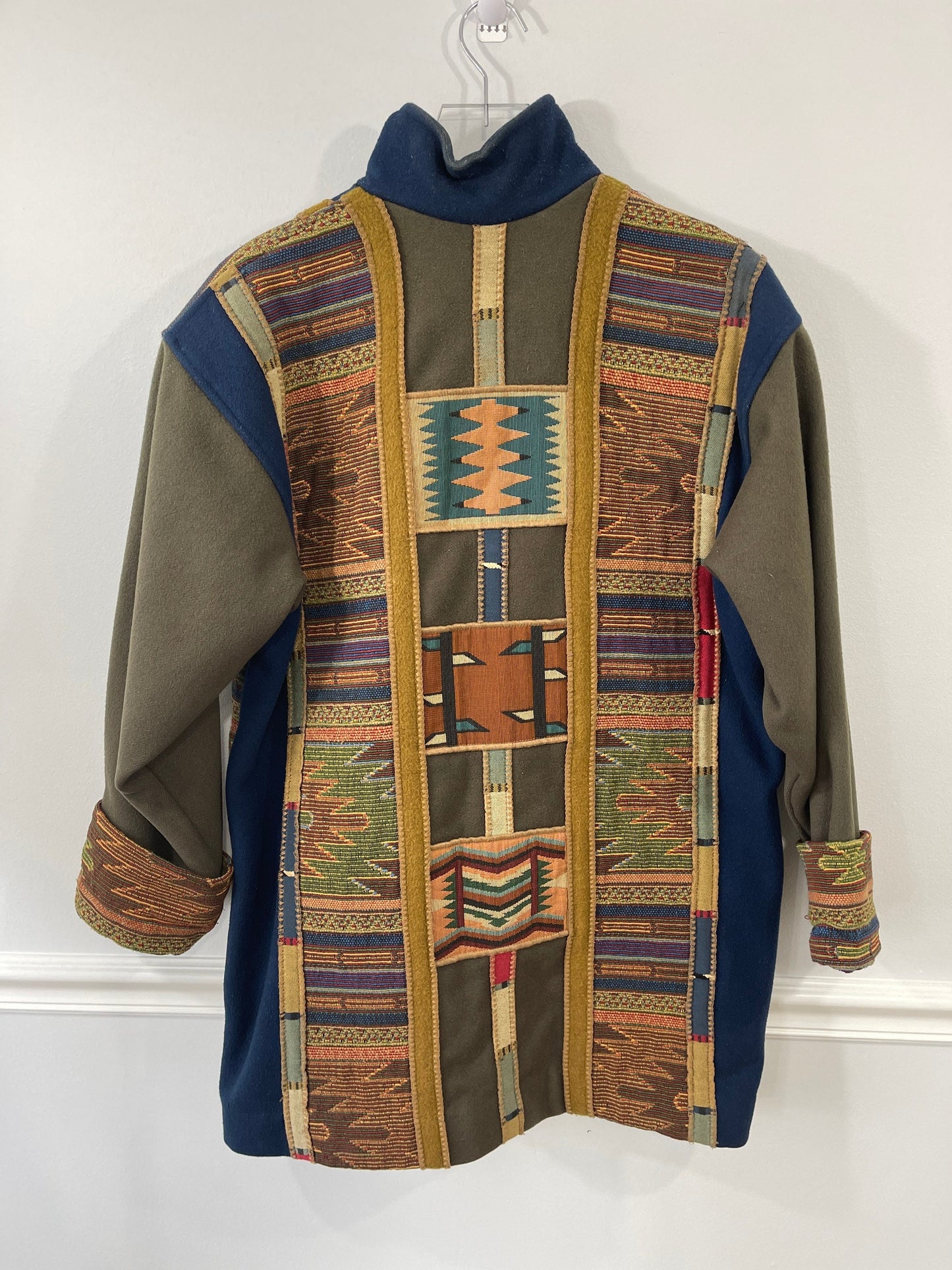 Coloratura Wool Colorblock Green & Blue Southwestern Concha Car Coat sz L/XL